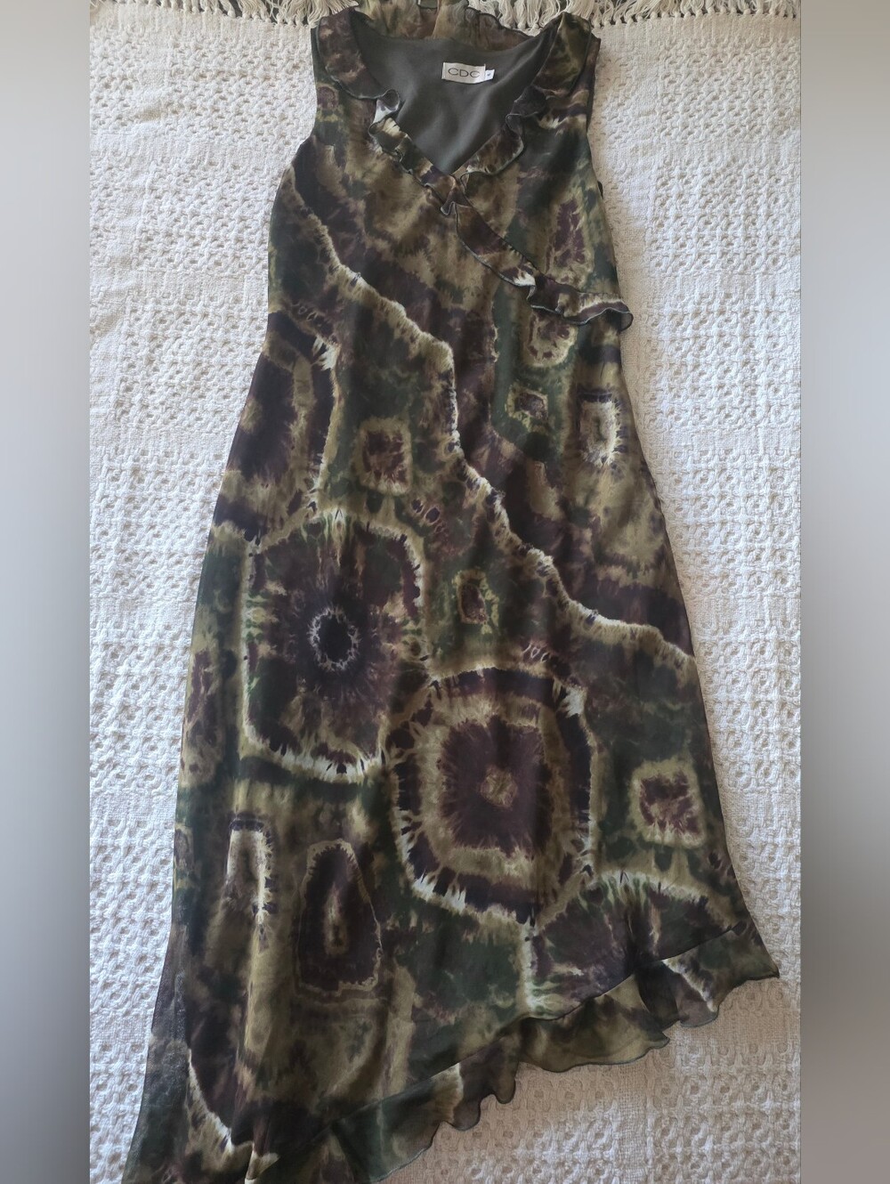CDC Y2k 90s Green Brown Tie Dye V-Neck Sleeveless Maxi Dress